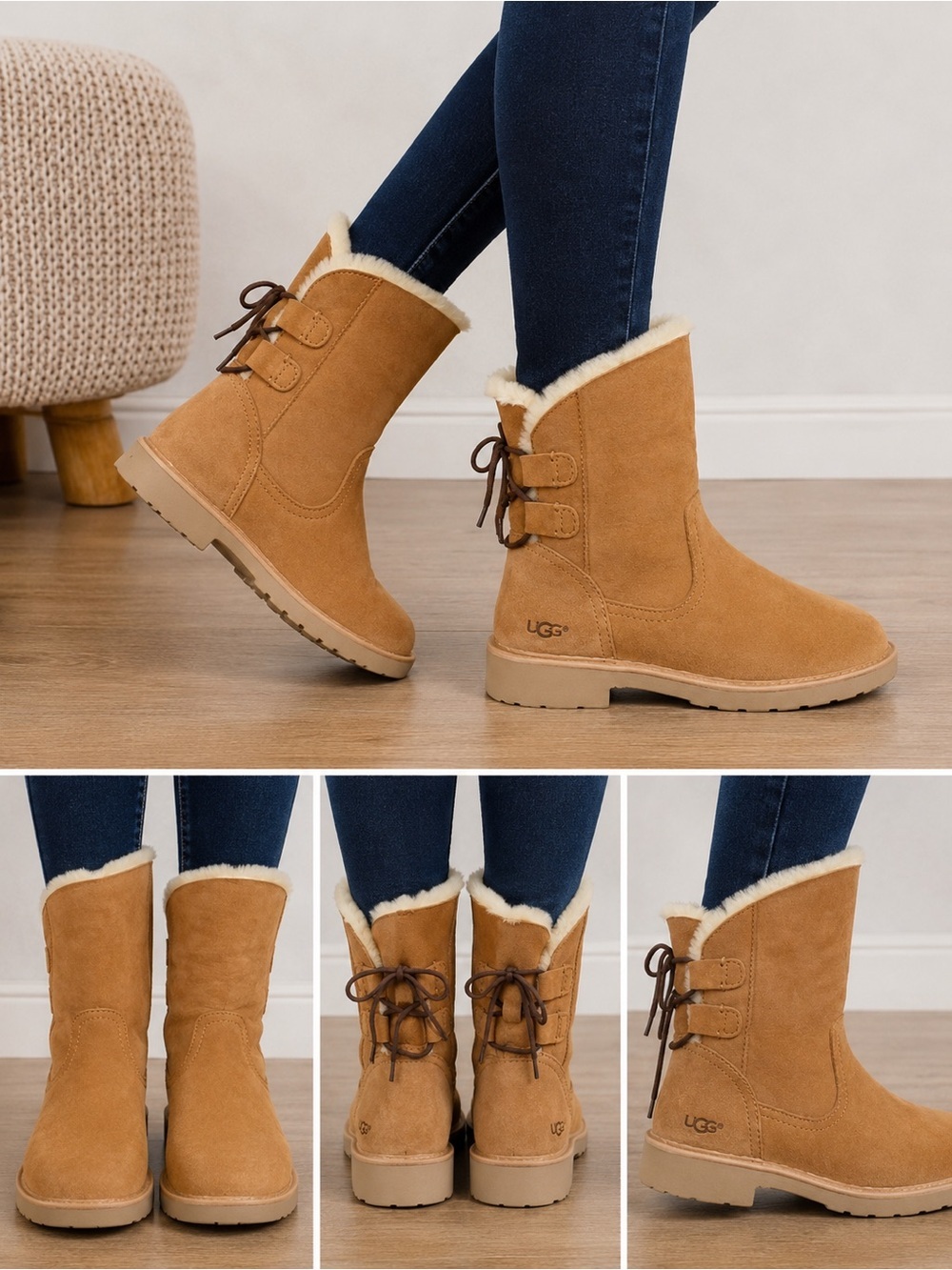 UGG Australia Chestnut Sheepskin Shearling Lace Back Ankle Boots US 6